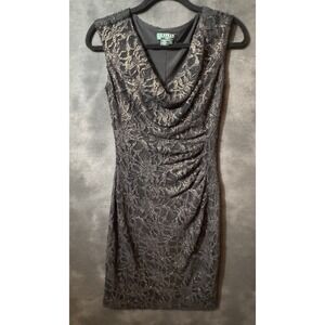 Lauren Ralph Lauren Gold Metallic Lace Party Dress 4 Black Cowl Neck Ruched